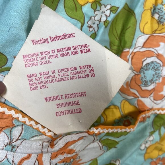 Vtg Fruit Of The Loom Bib Floral Apron Rick Rack Pockets NWT Retro Teal Orange - Picture 4 of 8
